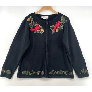 Vtg Tiara International Sweater Cardinal *XL Black Cardigan Beaded Sequined  Zip
